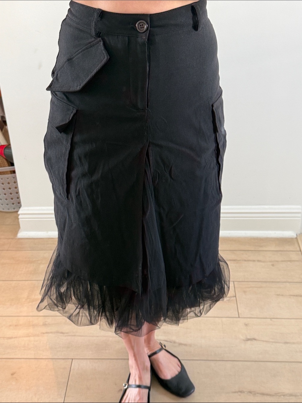 Black Tulle-Hem Midi cargo Skirt
